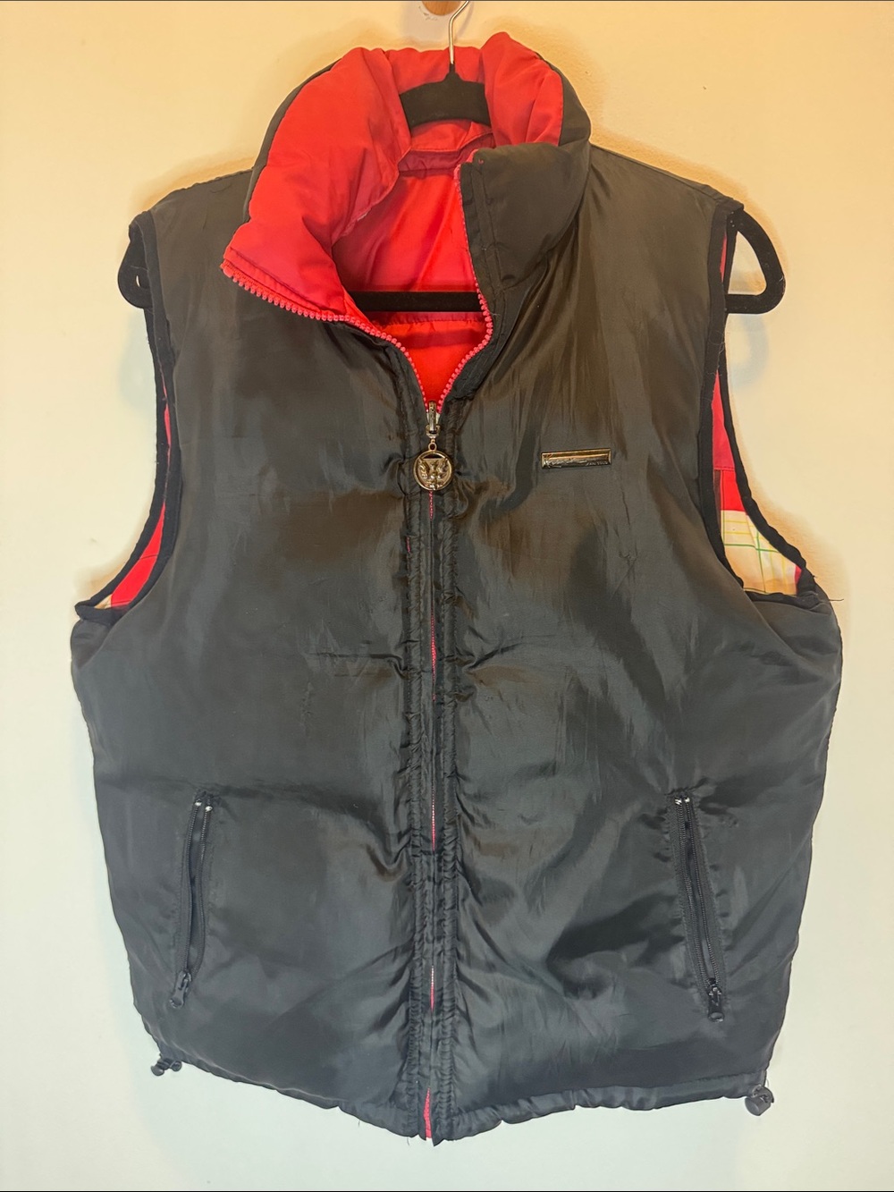 Men's Black Puffer Vest with Red Lining — Sleeveless reversible Insulated